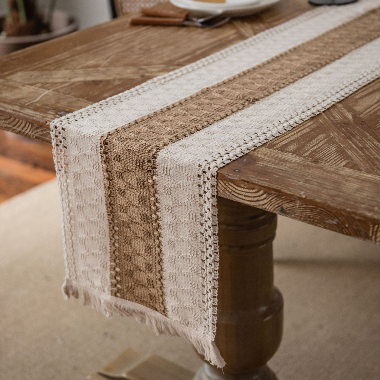 Cotton and Linen Rustic Table Runner With Tassel