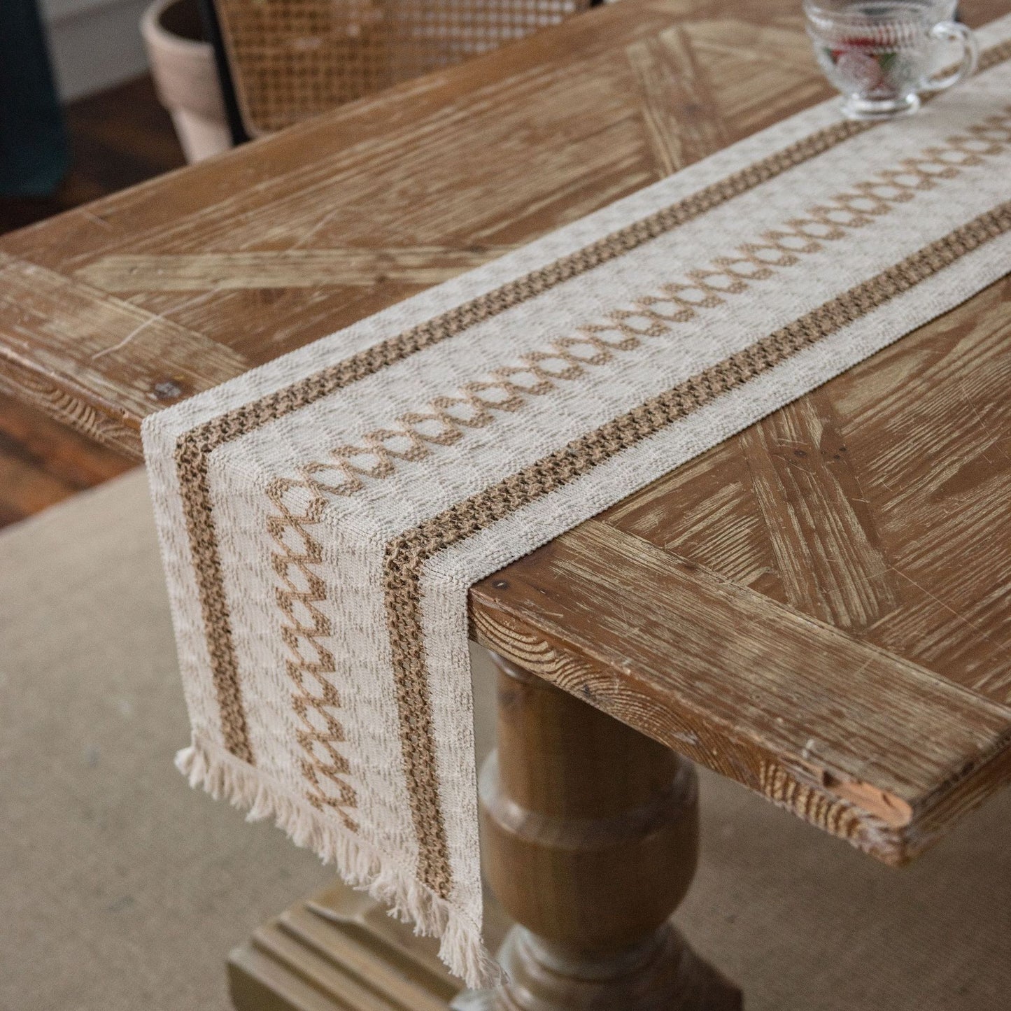 Cotton and Linen Rustic Table Runner With Tassel